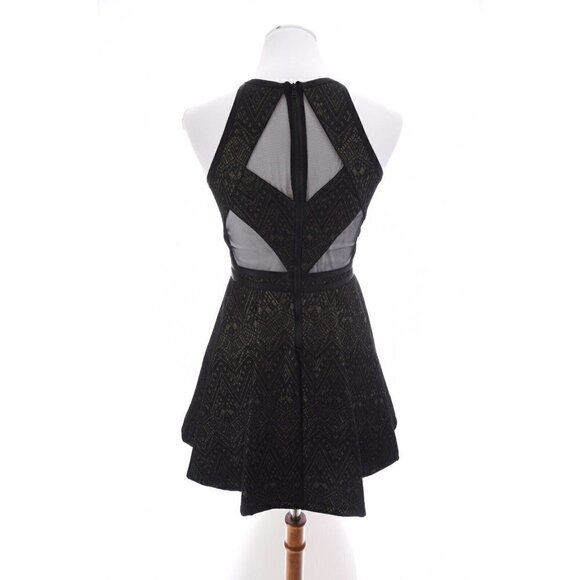 Parker Sz S Fit and Flare Black Gold Metallic Mini Dress Pleated Cut Out Back - Picture 11 of 12
